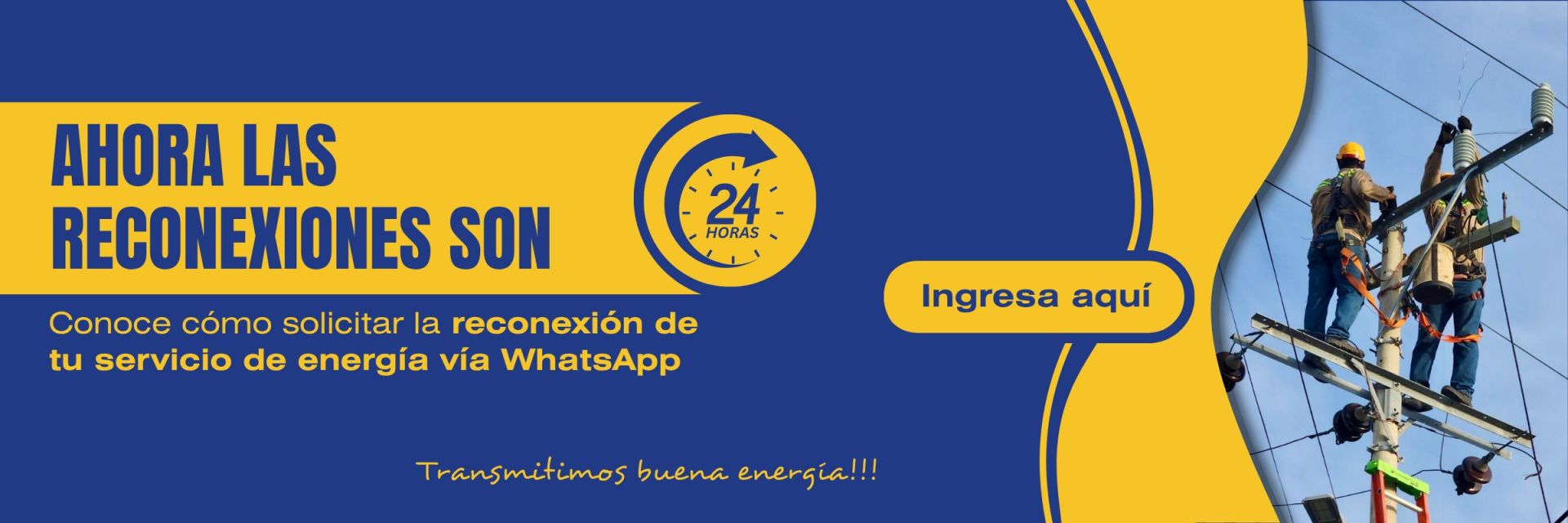 Banner promocional de SOPESA que anuncia reconexiones de energía 24 horas. Incluye un número de WhatsApp (317 402 10 74) para reconexiones, con la instrucción de tener a mano la foto de la factura y el comprobante de pago. La mascota de SOPESA, una abeja obrera, aparece a la izquierda.